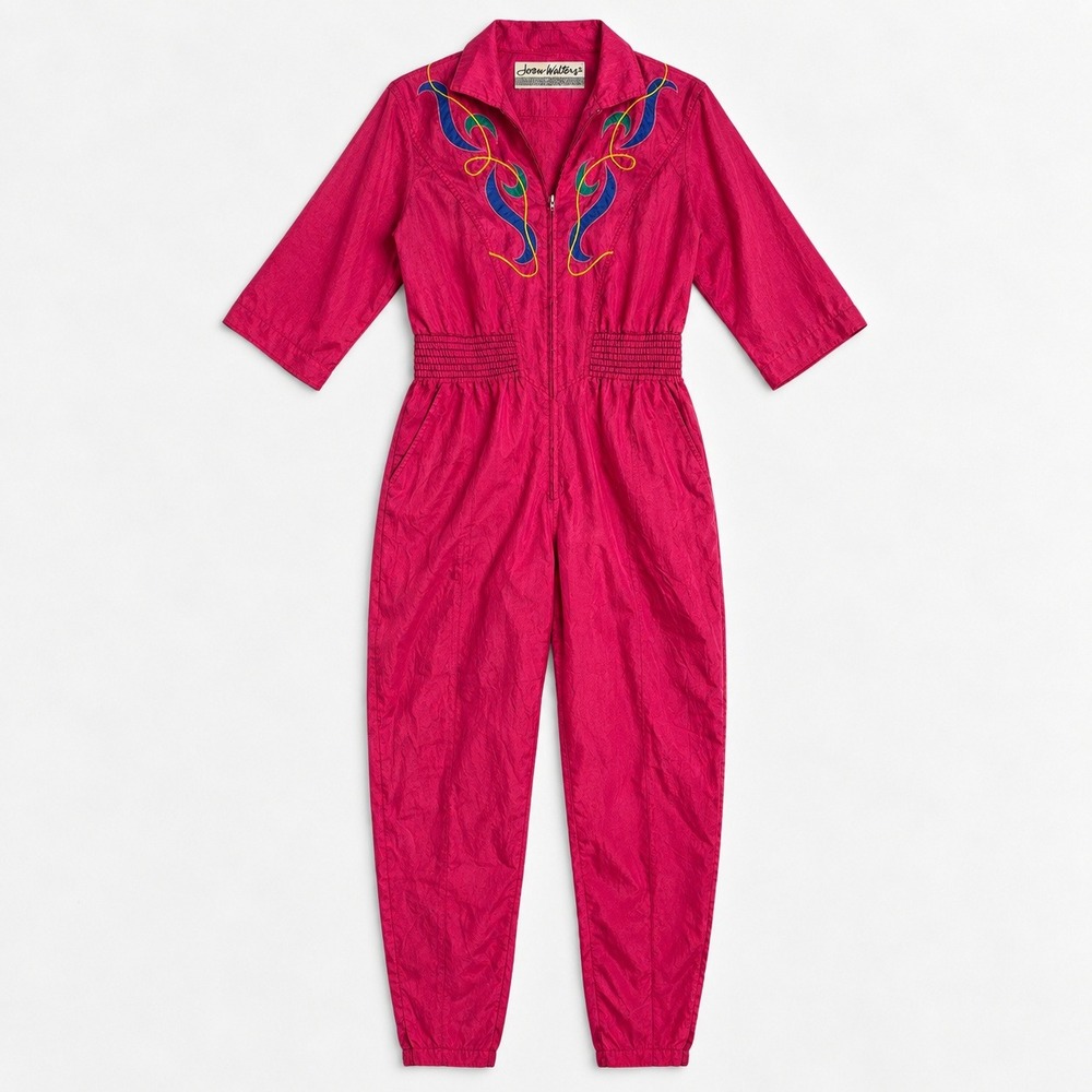 Vtg 80s Joan Walters Western Pink Embroidered Zip Front Jumpsuit 8P Maximalist